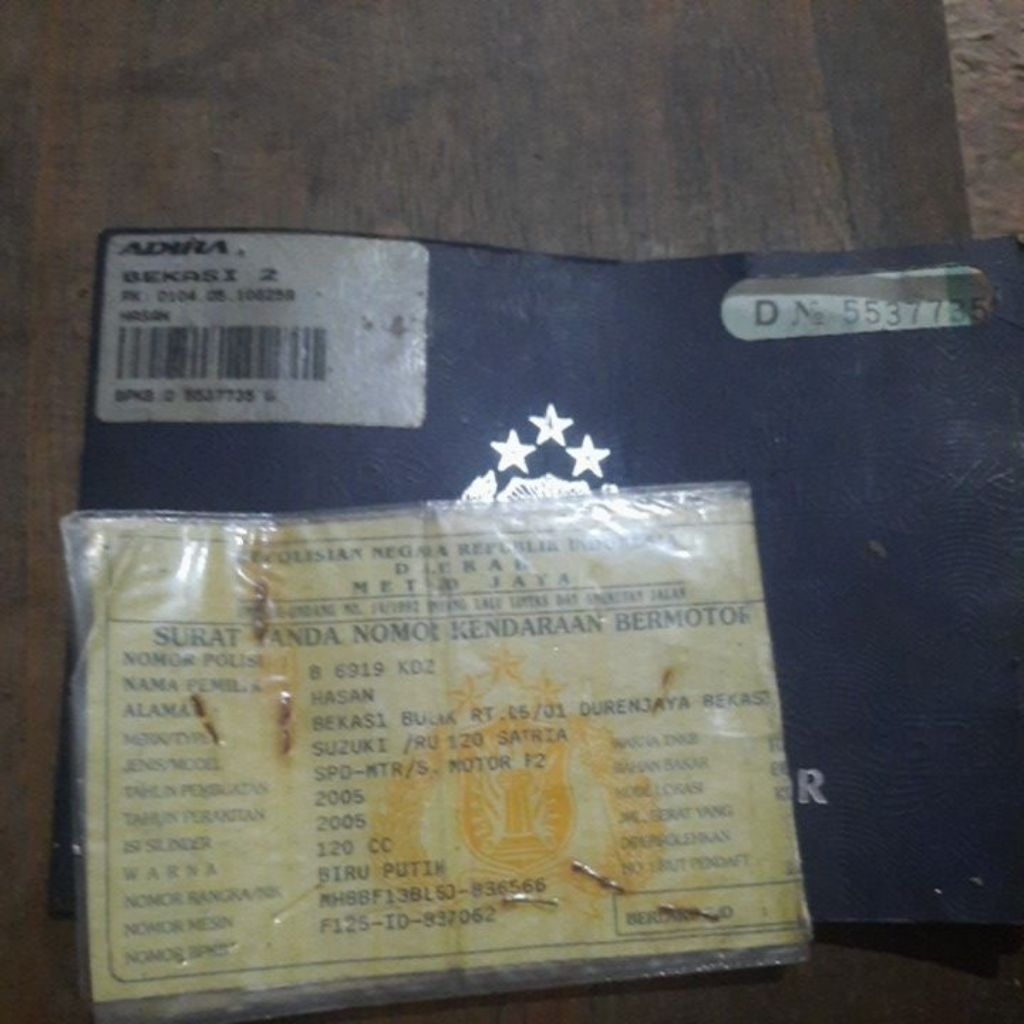 buku stnk bpkb noka nosin satria hiu 2005 biru putih