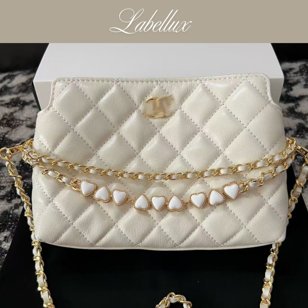[11.11] Preorder – Tas Selempang Wanita Premium Kulit Quilted Rantai Emas Putih CH Chain Clutch Whit