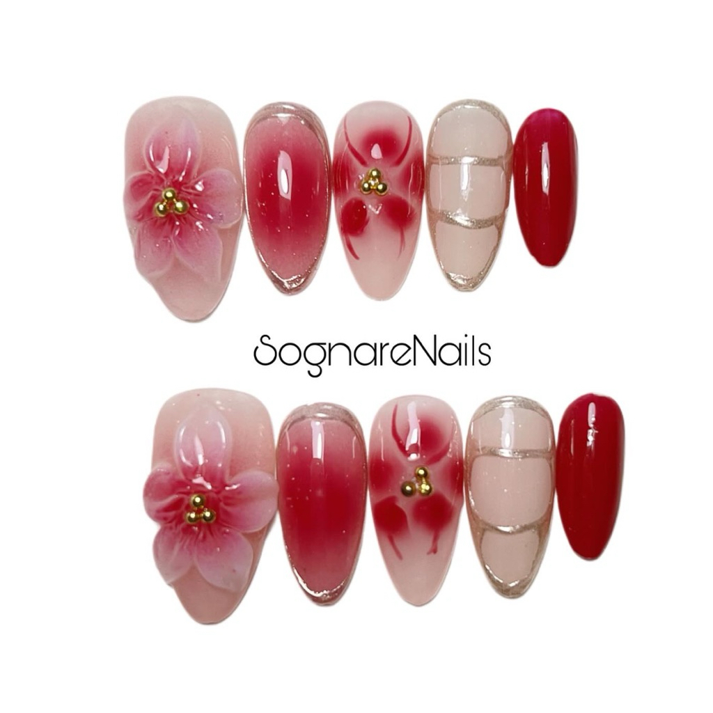 Flower 3D Maroon Gold Press On Nails Fake Nails Bebas Custom