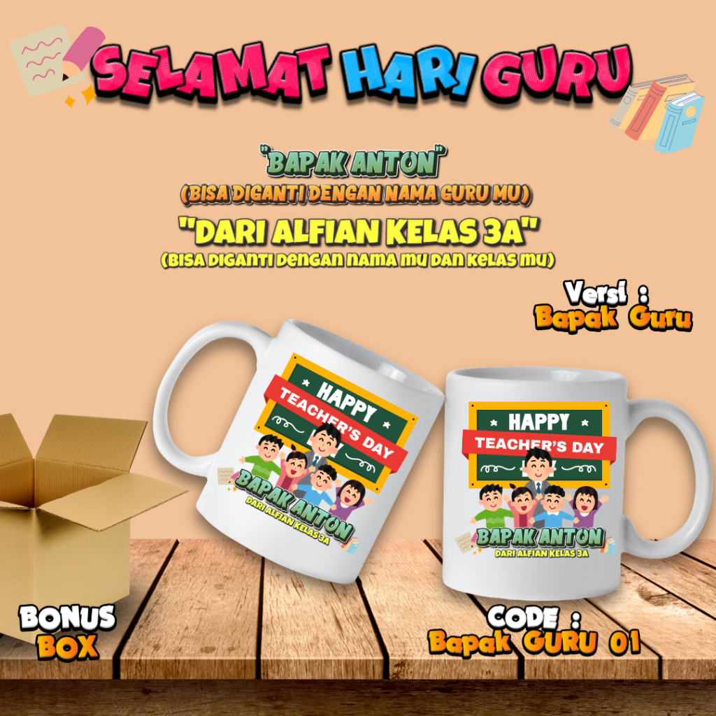Mug Custom Hari Guru Custom Nama 340ml Desain Ibu Guru Berhijab / Ibu Guru / Bapak Guru
