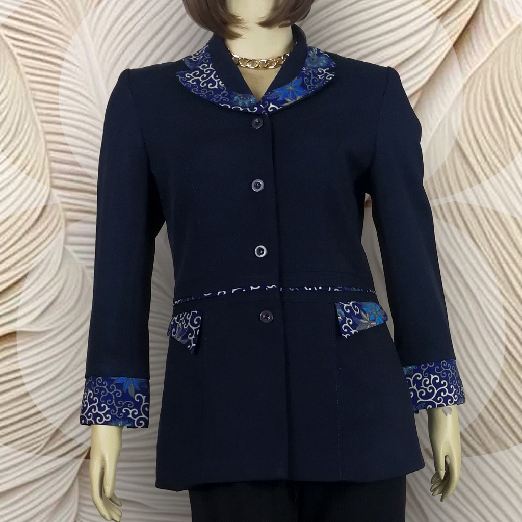 Blazer Batik Navy Tebal Slim Fit Kancing Depan Lengan Panjang BZR03 (tanpa celana) Atasan Wanita For