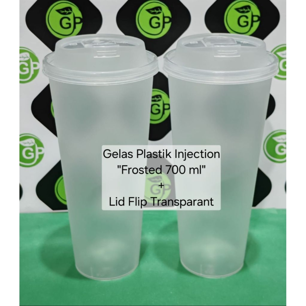 Gelas Plastik Injection Frosted 700ml + Lid injection Flip Transparant(Harga Untuk 50set)