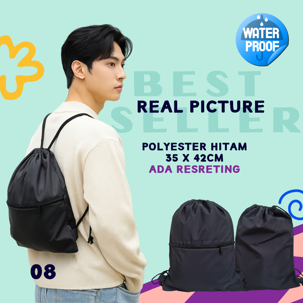 Tas Serut Polos Tahan Air / Tas Parasut Hitam Polos / Black Series / Tas Waterproof / Tas Taslan / T