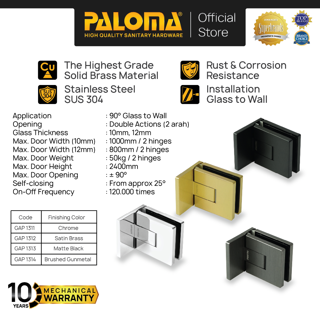 PALOMA Engsel Shower Hinge Pintu Kaca Kamar Mandi Jepit Penjepit Partisi Box Kaca ke Dinding Tembok 