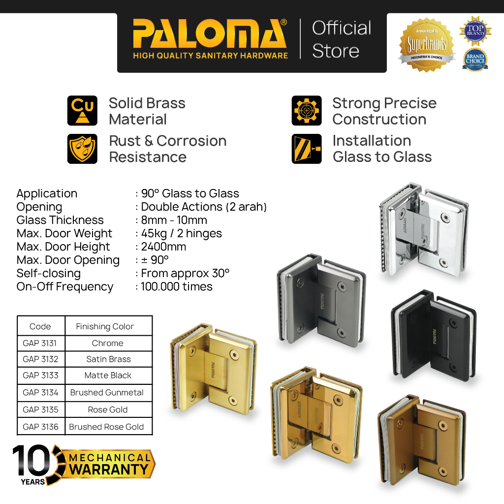 PALOMA Engsel Shower Hinge Pintu Kaca Kamar Mandi Jepit Penjepit Partisi Box Kaca ke Kaca Glass to G