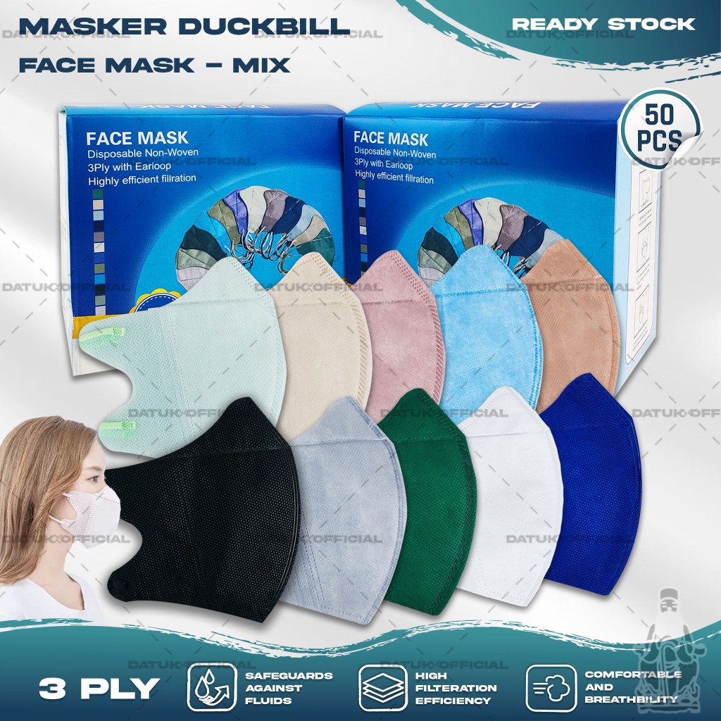 Masker Duckbil FACEMASK 3Ply isi 50Pcs Warna Mix Soft Nude Duckbill 3 Ply Earloop Surgical Mask Keme
