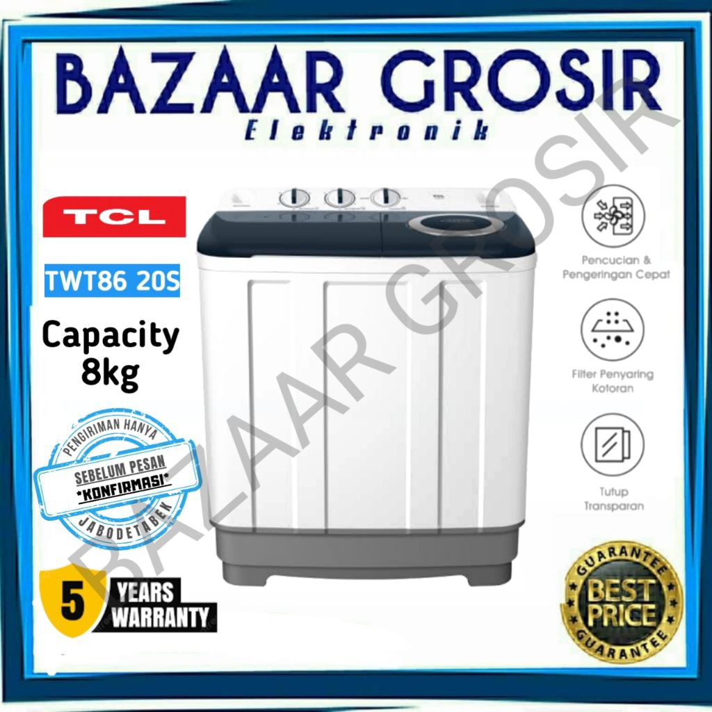 MESIN CUCI TCL 2 TABUNG - TWINTUB 8KG - LINT FILTER - ANTI KARAT - ANTI TIKUS (MODEL: TWT86-20S / TW