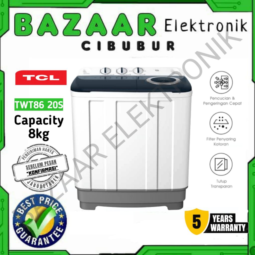 MESIN CUCI TCL 2 TABUNG - TWINTUB 8KG - LINT FILTER - ANTI KARAT - ANTI TIKUS (MODEL: TWT86-20S / TW