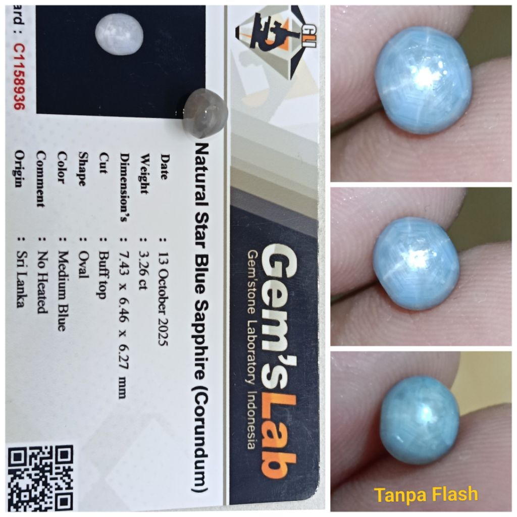 Natural Blue Star Sapphire Ceylon Bagus 3,2ct memo GLI Safir Srilanka