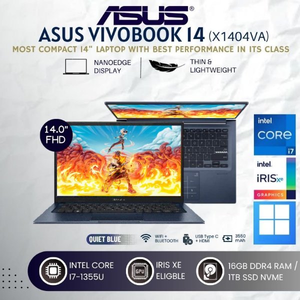 ASUS Vivobook X1404VA-NK469 Core i7-1355U | 16GB RAM | 1TB SSD | 14” FHD | Iris Xe Eligible | Laptop