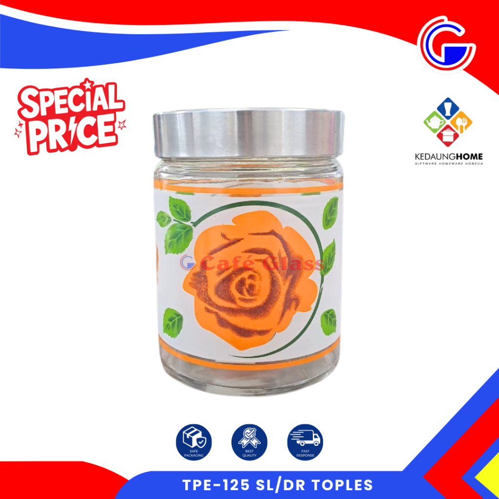 Toples Kaca Tpe-125 Sl/Dr - Toples Kedaung Bunga Tutup Stainless - Toples Kue Kering Lebaran