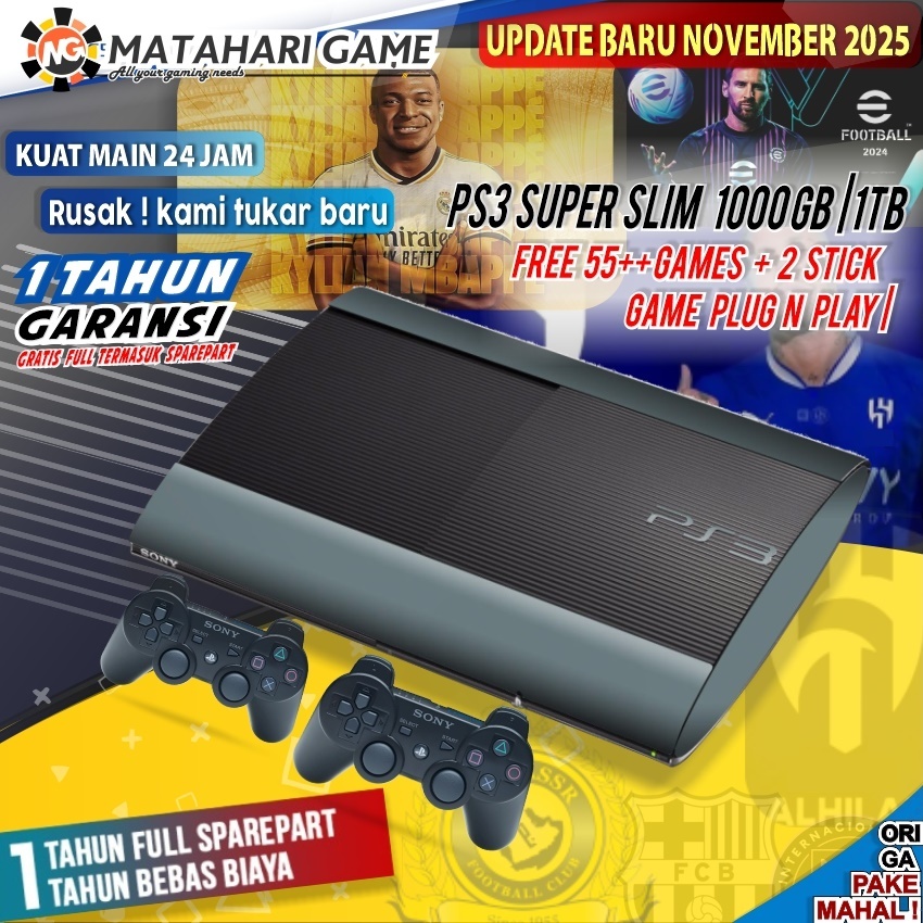 PS3 1TB SuperSlim Sony Asli Full Games + 2 Stik GRATIS 1 Tahun Garansi