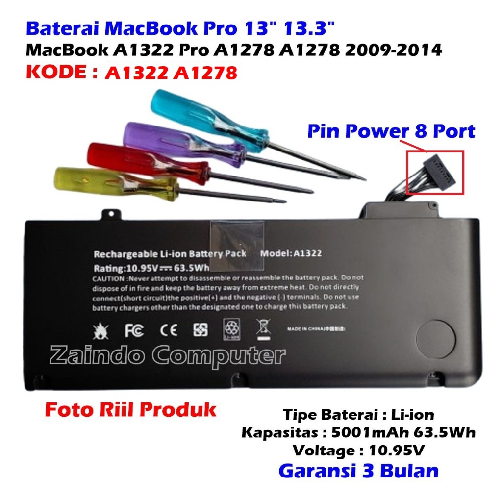 BATERAI LAPTOP MACBOOK A1322 A1278  MACBOOK PRO 13" MACBOOK PRO 13.3”  - BATERAI MACBOOK A1322 A1278