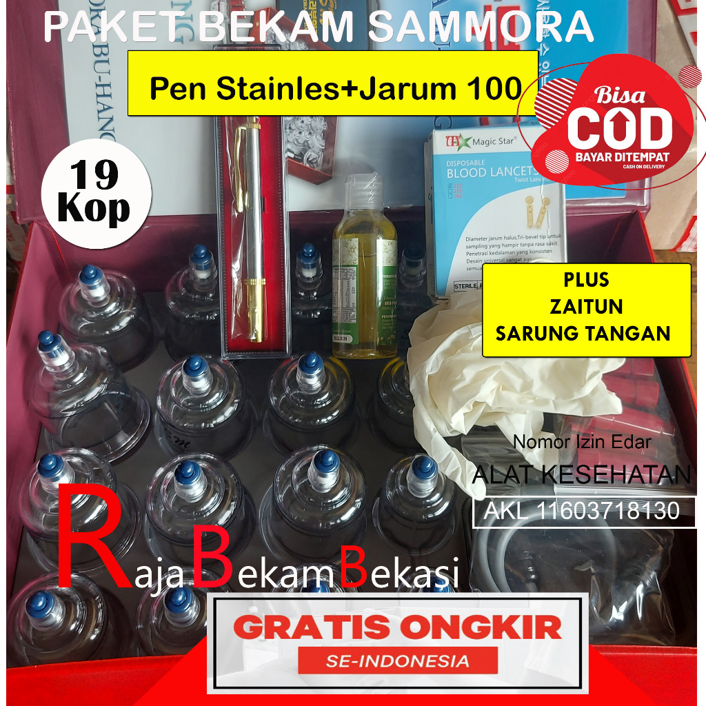 SAHI Paket Bekam Komplit Sammora 19 Premium + BONUS Pena Stainles,Jarum & Minyak Zaitun – Alat Bekam