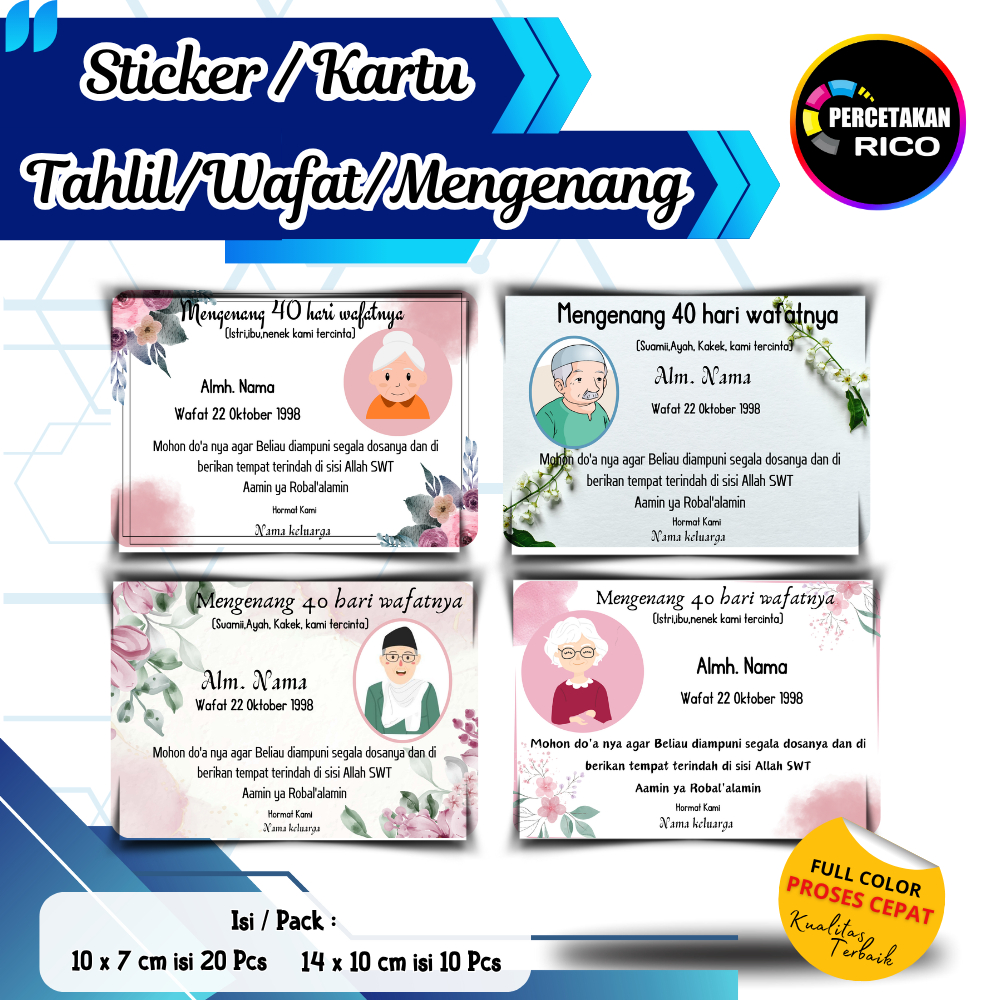 (isi 20pcs/10pcs) P1 Kartu/Stiker Wafat Mengenang 40hari/100 hari/1000hari/ Haul