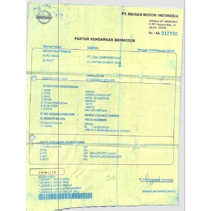 .- nota faktur kendaraan bermotor