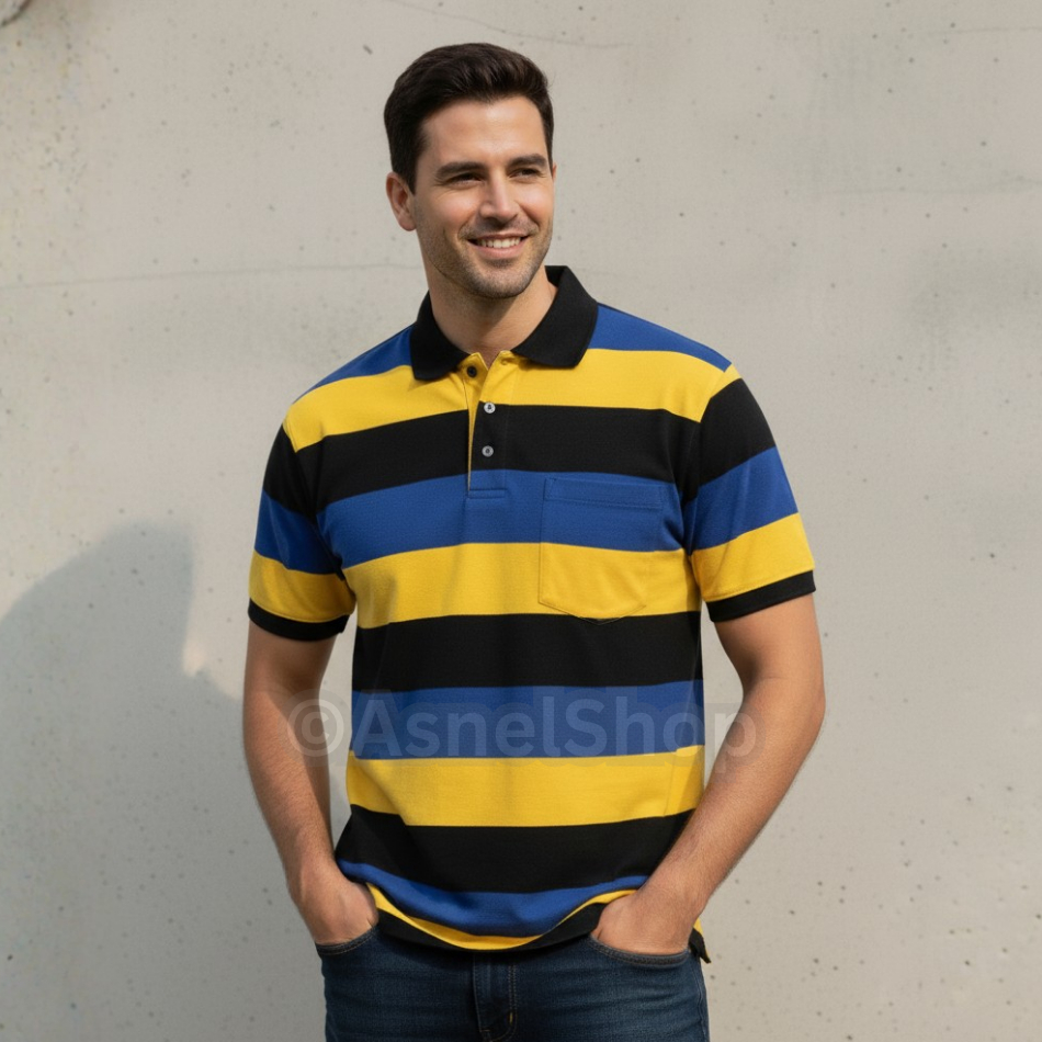 Kaos Garis / Balok Berkerah Pria Dewasa Lengan Pendek | Polo Shirt Stripe Cowok Keren Kekinian | Baj
