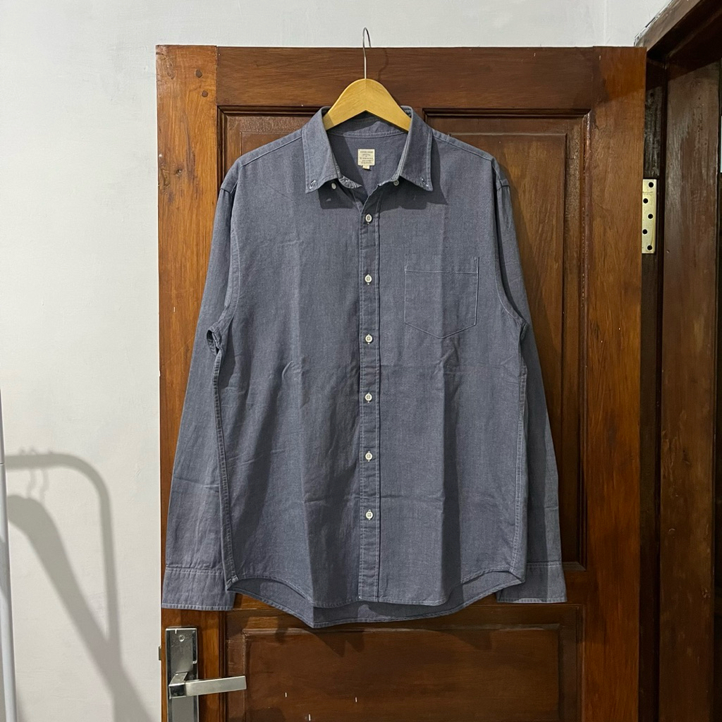 [L-XL] Giordano Oxford Cotton Shirt Long Sleeve I Dark Blue Vintage Vtg Retro Kemeja Garis-garis Sal