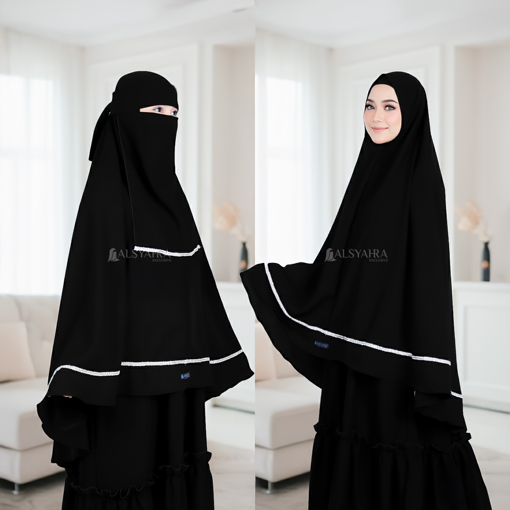 Alsyahra Exclusive - Set Khimar Syari Zahrah Niqab Bandana Jetblack Size XL