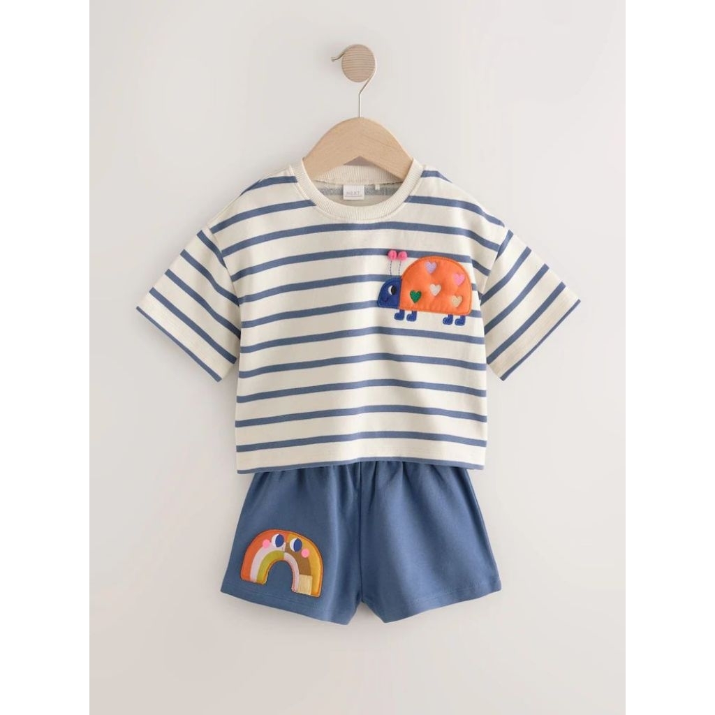 NEXTBABY Baby Girls Navy Stripe Ladybird Top & Shorts Set/ Setelan Atasan Kumbang dan Celana Pendek 