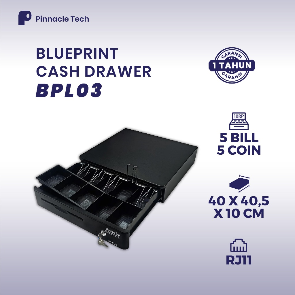 Blueprint Cash Drawer Sedang BPL03 – Laci Kasir Uang, Otomatis & Manual, Bahan Baja, Interface RJ-11