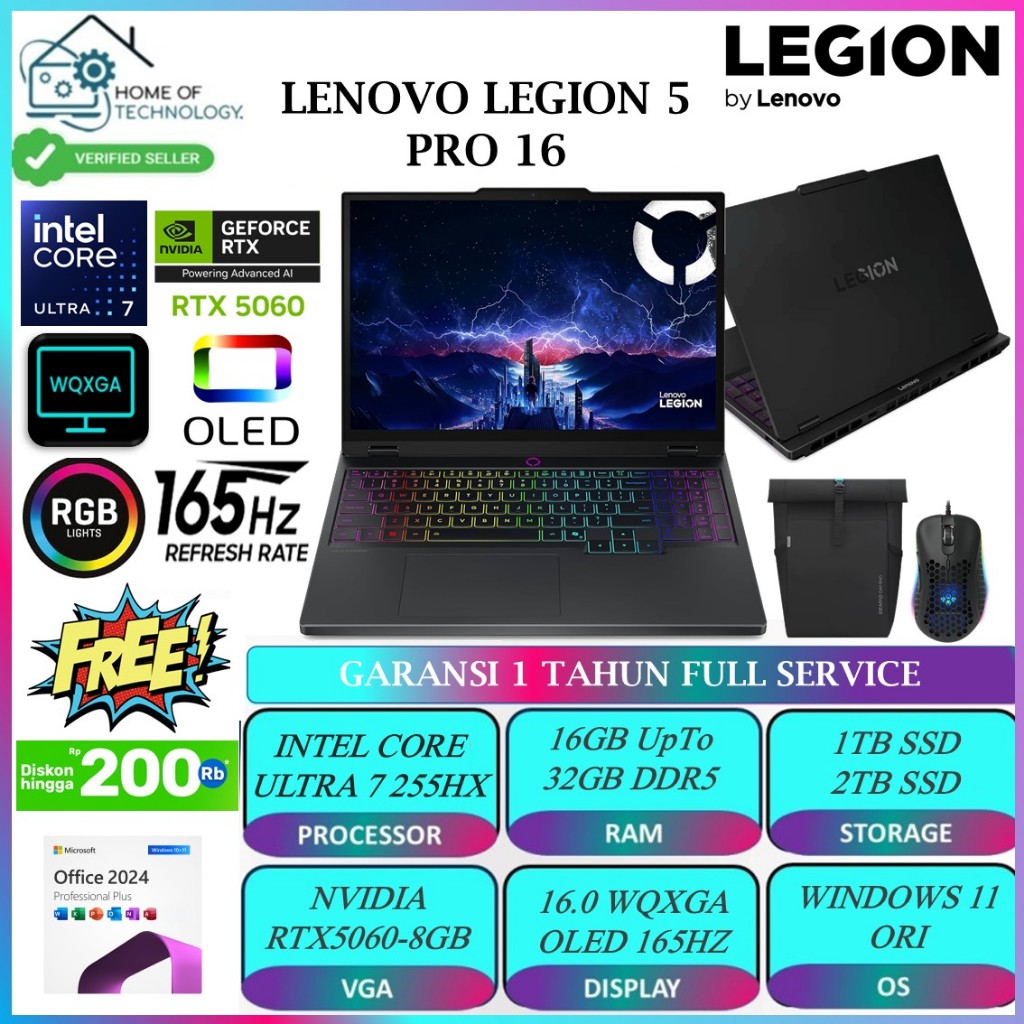 LENOVO LEGION 5 PRO 16 INTEL ULTRA 7 255HX 32GB DDR5 2TB RTX5060 16 WQXGA OLED 165HZ RGB WIN11HOME