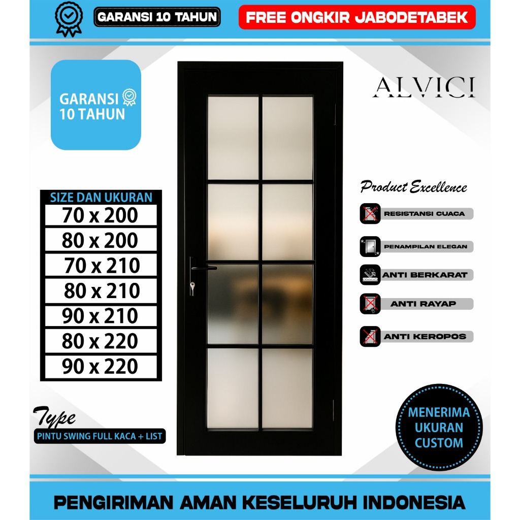Pintu Kamar dan Pintu Kamar Mandi UPVC 70 x 200 Sampai Dengan 90 x 220 Swing Full Kaca List Bahan Pi