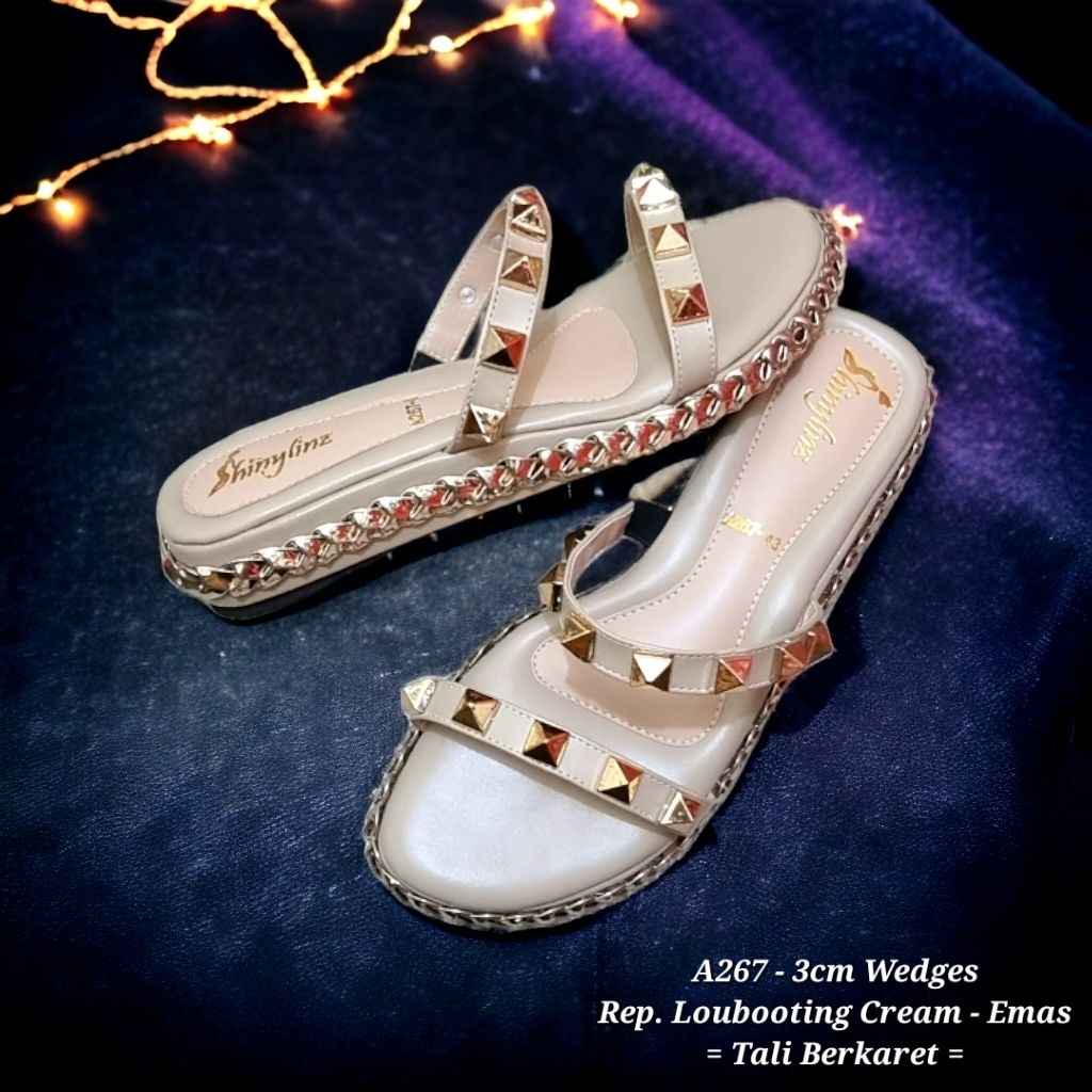 A06 Sandal Wedges Wanita [SHINYLINZ size 41-48] Selop Hak Sampan Cream Emas Paku Emas Jumbo Plus Big
