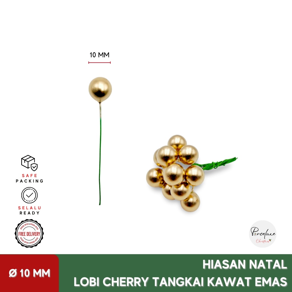 DIY Hiasan Dekorasi Natal Lobi Cherry Bulat Emas 10 mm Tangkai Kawat Pohon Putik Bunga Artificial