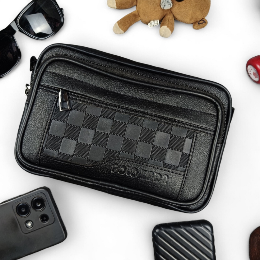 Hanbag Pria POLOZADA Bahan Kulit PU Premium | Tas Selempang Seri Motif Kotak - Kotak