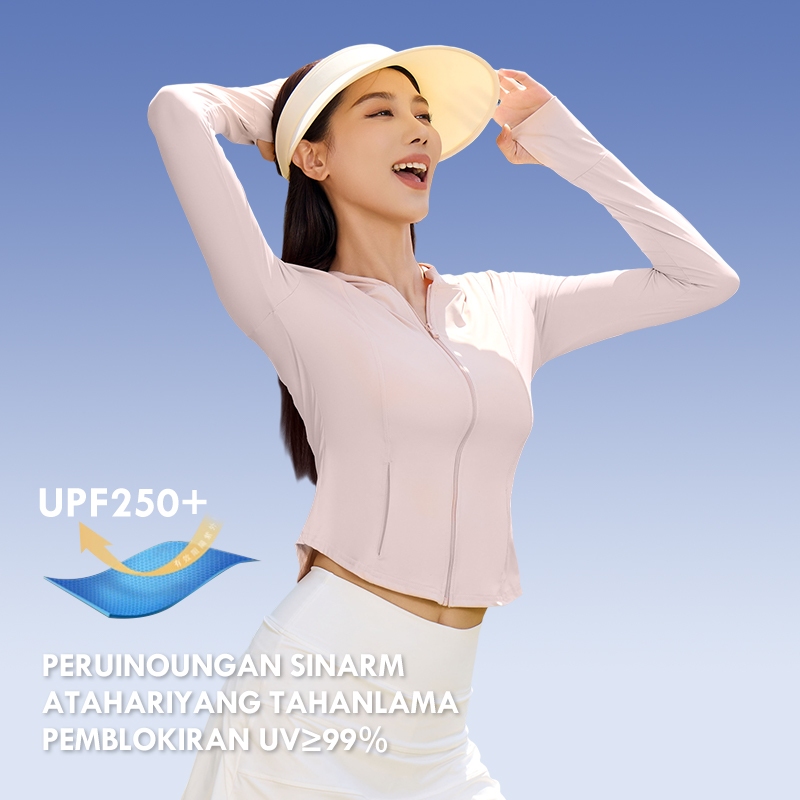 Jaket Olahraga Wanita Lengan Panjang Zipper Hoodie UV Protection UPF250+ Running Gym Yoga Poundfit P