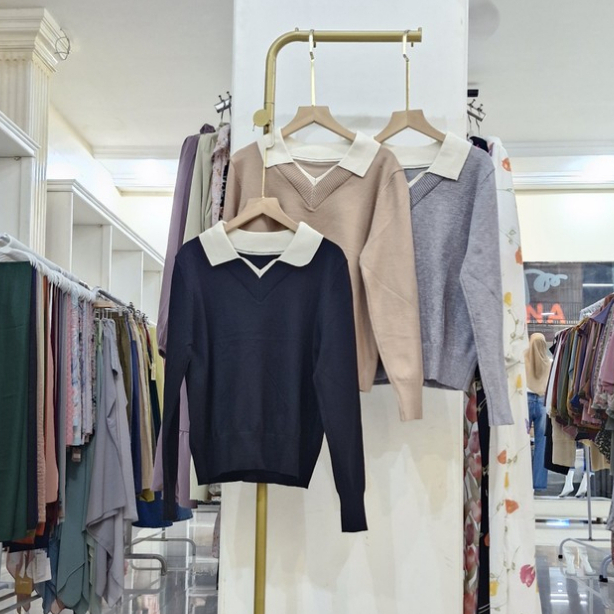 THALITA BLOUSE WANITA RAJUT POLOS KERAH PUTIH