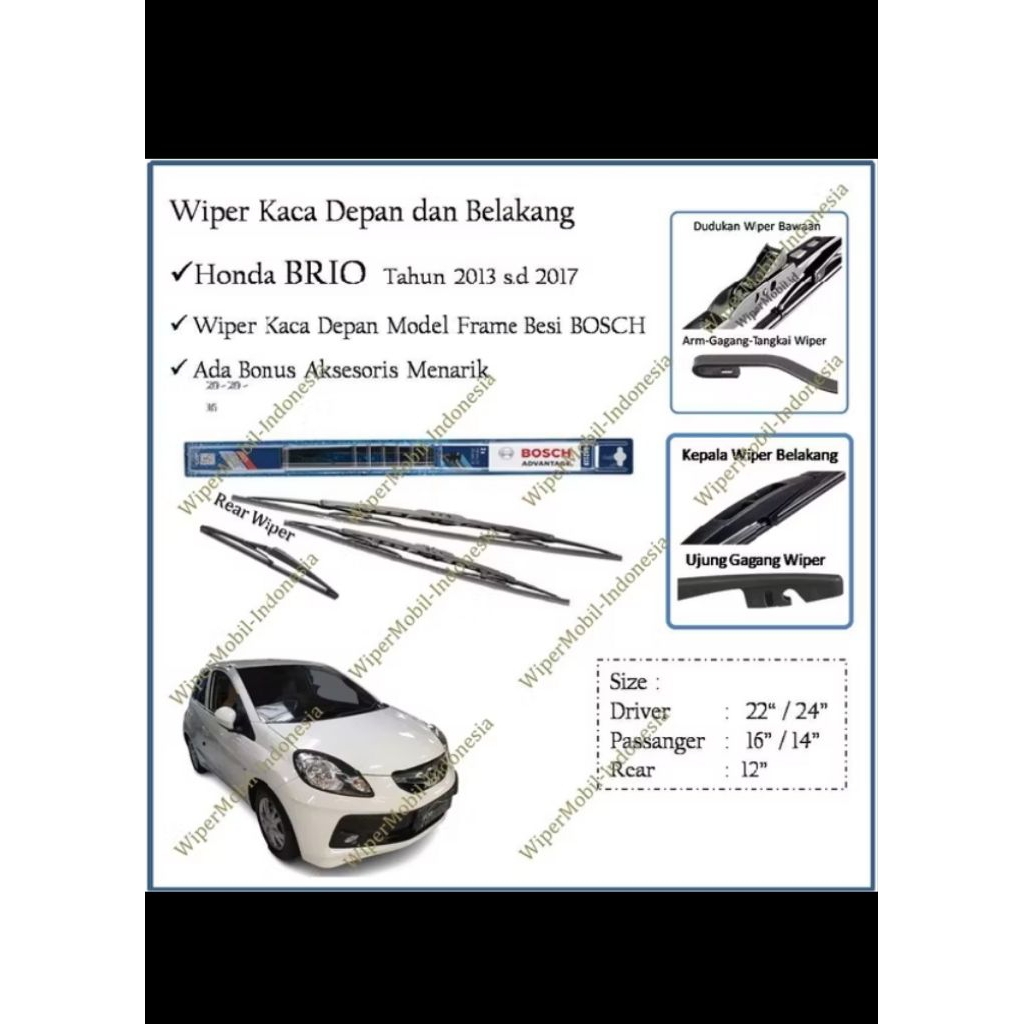 Wiper mobil frame besi Honda Brio Tahun 2013 2014 2015 2016 2017 Merek BOSCH