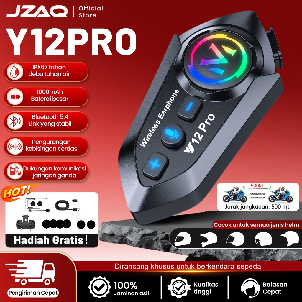 JZAQ Y12Pro Helm Intercom Bluetooth 5.4 IP67 Waterproof Universal Intercom Pairing Baterai 1000mAh