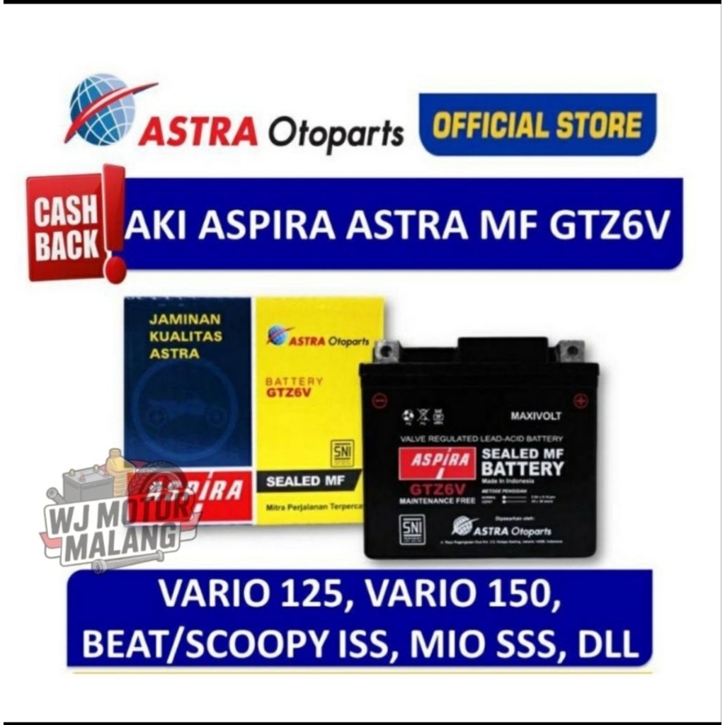 Aki ASPIRA GTZ6V MF (5 Ah) - Aki Motor untuk Motor Beat Pop esp ISS, Vario 125/150 esp ISS, Sonic 15