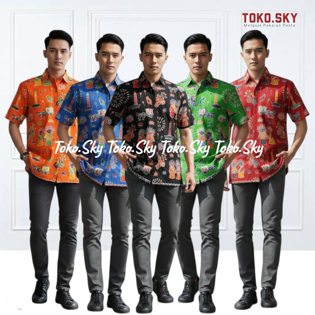 { Toko.Sky } Kemeja Batik Pria Lengan Pendek/Kemeja Batik Betawi/Kemeja Batik Ondel-ondel