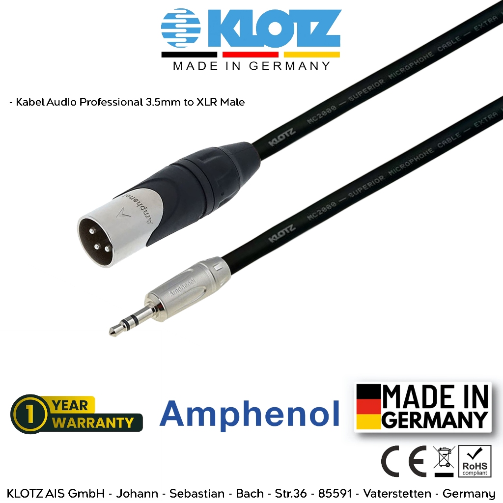 Klotz Original | Kabel Audio Klotz Jack 3.5mm to XLR Male - Reg: (KLOTZ, AMPHENOL, XLR MA - MINI)
