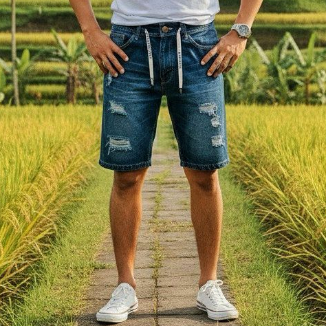 Celana Pendek Jeans Pria Sobek Premium – Denim Tebal Nyaman Warna Hitam Navy Biru Muda