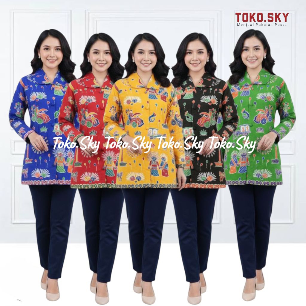 { Toko.Sky } Kemeja Batik Wanita Lengan Panjang/Kemeja Batik Betawi Motif  Ondel-ondel/Kemeja Batik 