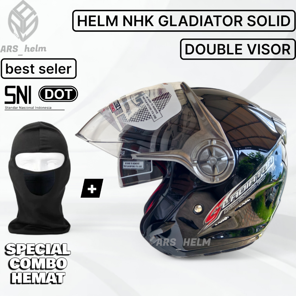 HELM NHK GLADIATOR HITAM GLOSSY | HALF FACE DOUBLE VISOR