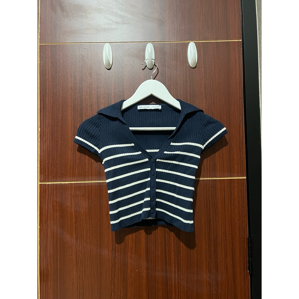 bershka navy stripe polo crop top