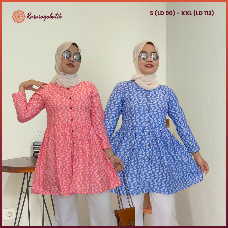 RASARAYA BATIK Emily Tunik Wanita Katun - Atasan Batik Warna Pink Biru Pastel Busui Friendly