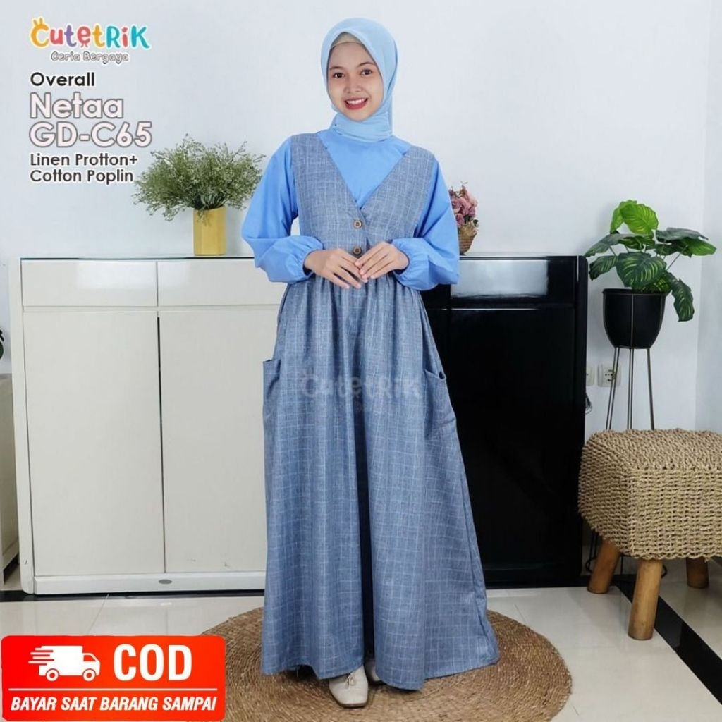 CUTETRIK GAMIS ANAK PEREMPUAN REMAJA USIA 14 TAHUN SET OVERALL BAHAN LINEN PROTON MOTIF KOTAK INNER 