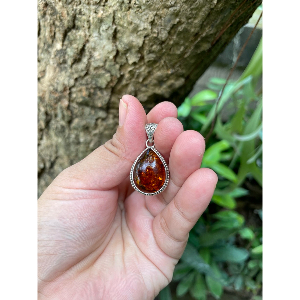 Liontin Pendant Perak Silver Bali Asli 925 Batu Natural Amber Katilayu Tetes Teardrop Jawan