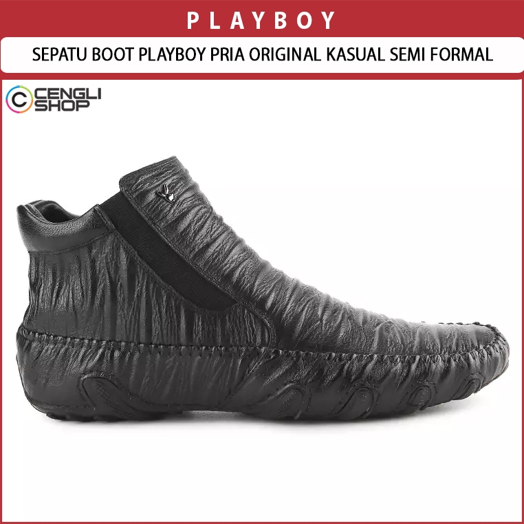 SEPATU BOOT PLAYBOY PRIA ORIGINAL KASUAL SEMI FORMAL RESLETING SAMPING SLIP ON TANPA TALI TEKSTUR KU