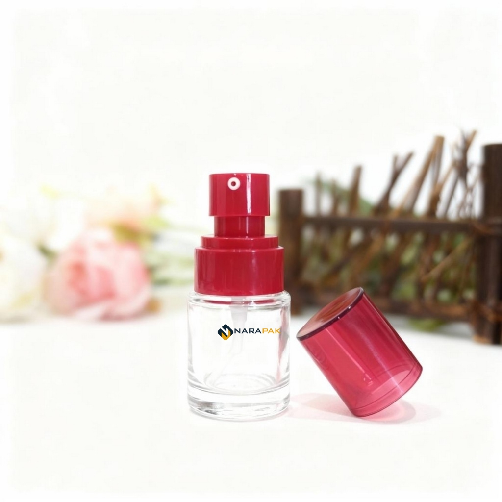 Botol Kaca 20ml Bahu Datar Bening Kilap RF Tutup Pump MERAH Lotion Skintific Serum Skincare SK2035WL