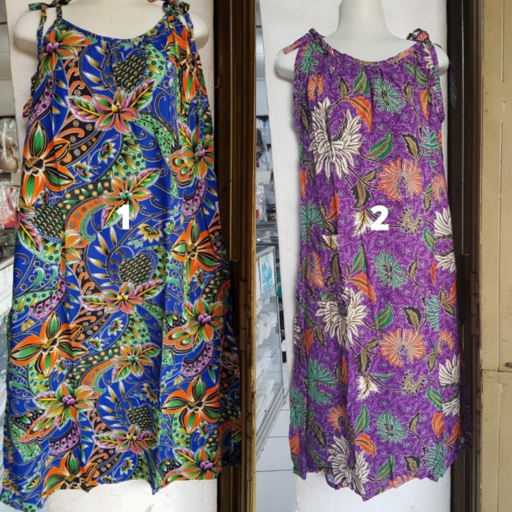 Daster Batik Kencana Ungu Label Biru Tanpa Lengan BKST2
