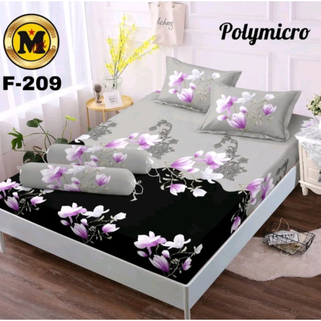Sprei Polymicro Motif Bunga Abu Hitam | Set Sprei + Sarung Bantal & Guling | Adem & Elegan