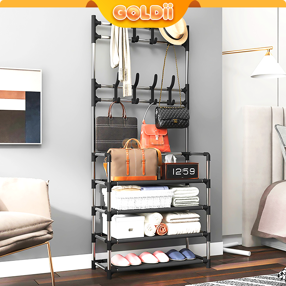 GOLDII - Rak Sepatu Dan Gantungan Baju Multifungsi Stand Hanger Tas Topi Serbaguna Stainless Kokoh