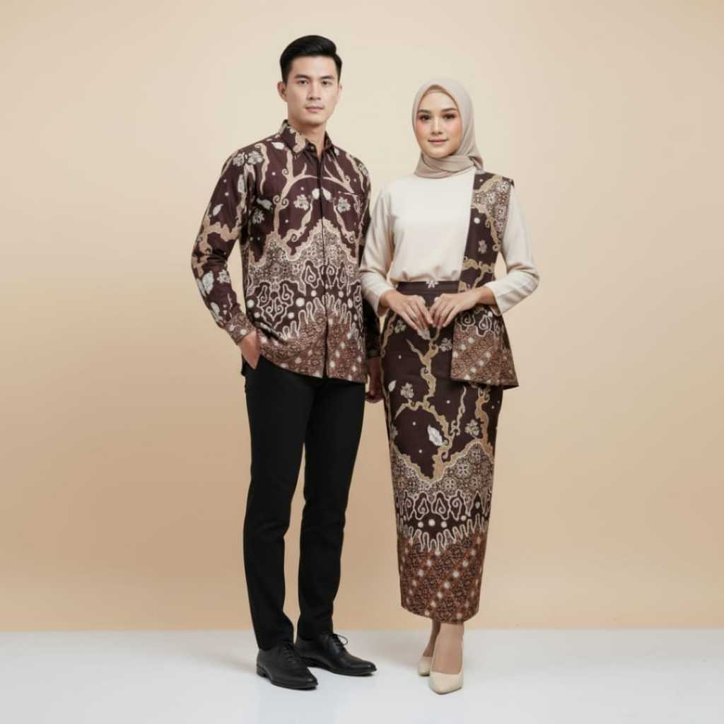Produk Couple Set Kemeja Batik dan Rok Span Motif Wijaya Coklat Mahogany by Nuansa Batiku
